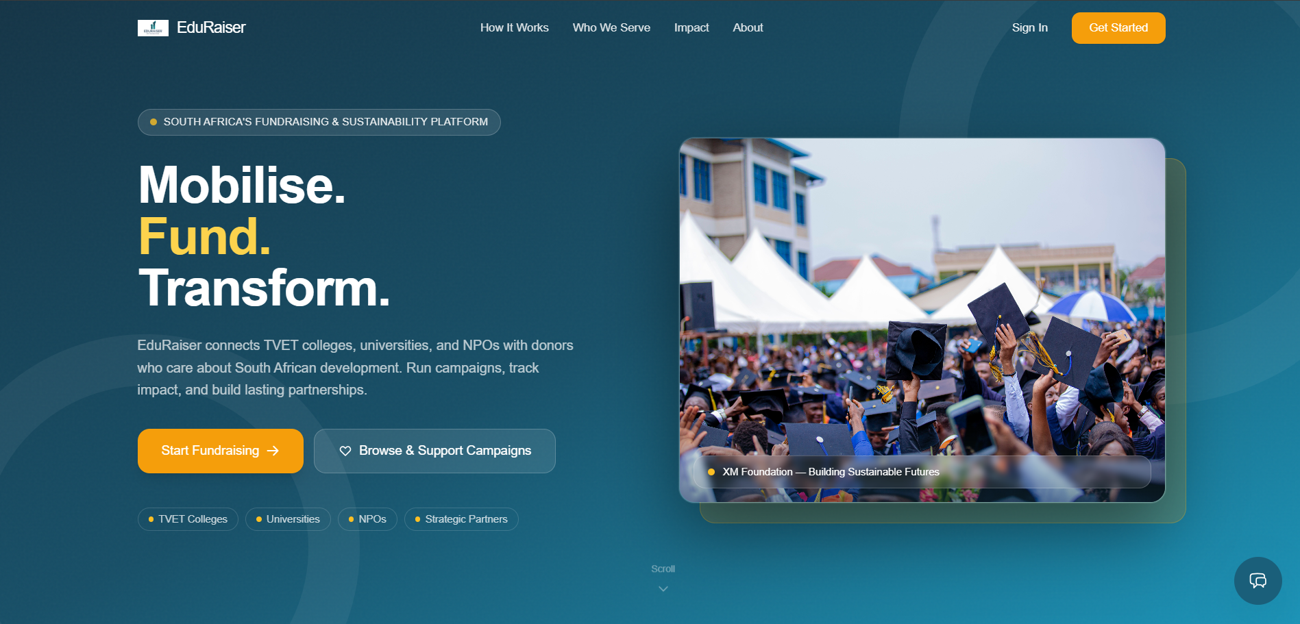 EduRaiser homepage hero with fundraising slogan, campus crowd graduation caps, and navigation buttons on blue background.